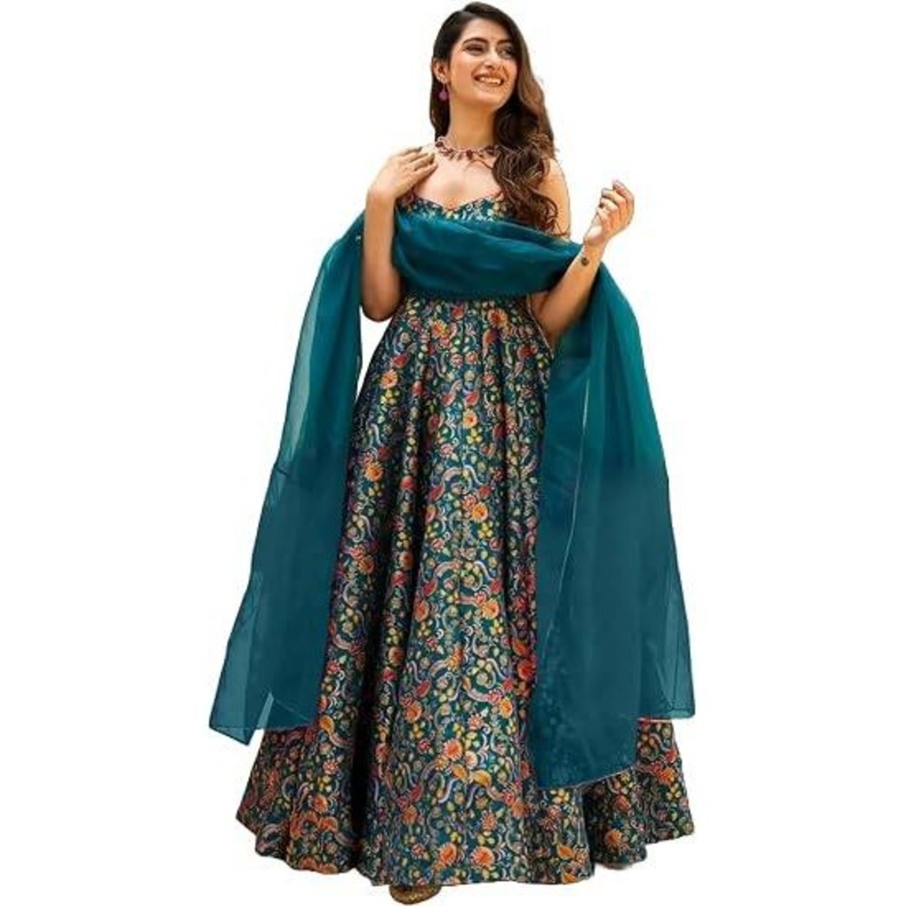 Indya Luxe NEW Teal Floral Foil Anarkali Maxi Dress XL Indian Wedding Party